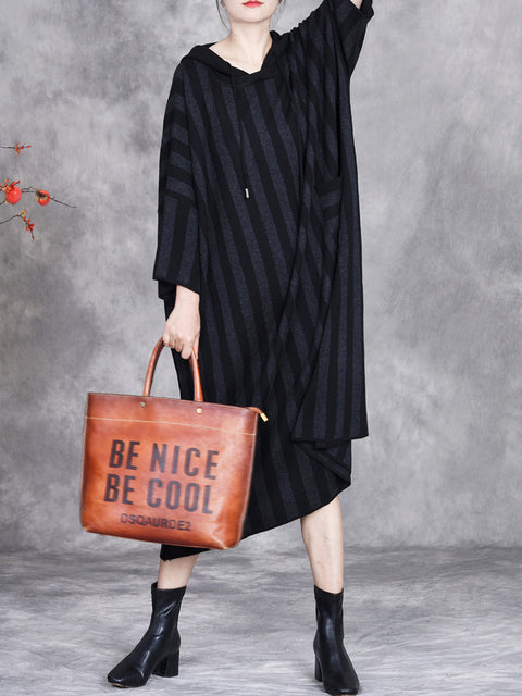 Women Autumn Artsy Stripe Colorblock Hooded Knit Dress