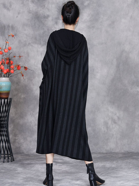 Women Autumn Artsy Stripe Colorblock Hooded Knit Dress