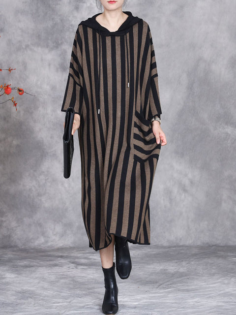 Women Autumn Artsy Stripe Colorblock Hooded Knit Dress