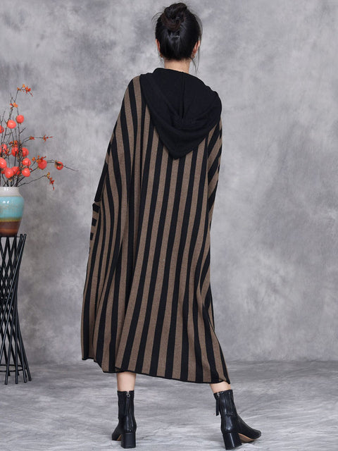 Women Autumn Artsy Stripe Colorblock Hooded Knit Dress