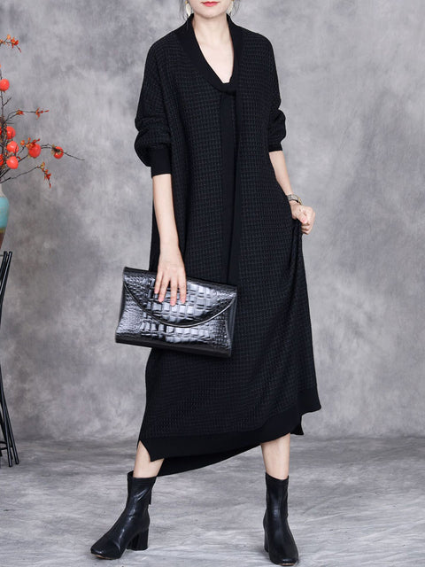 Women Autumn Artsy Cashmere Plaid Strap Knit Dress