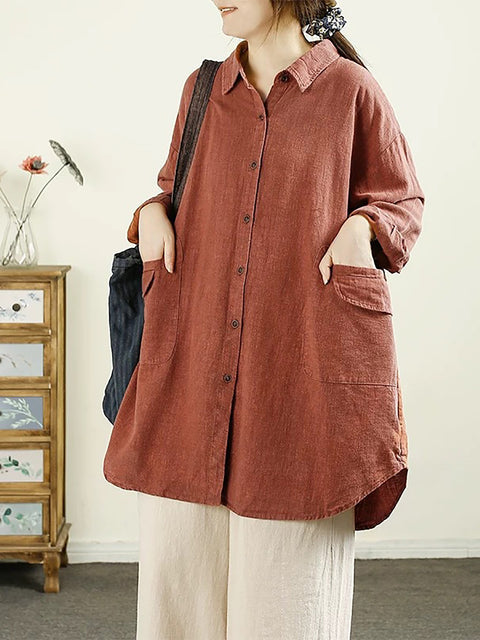 Women Autumn Casual Solid Button-up Linen Shirt