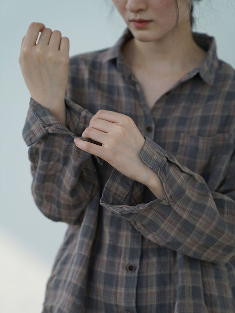 Camisa feminina de outono sólida com botões e bolso Ramie