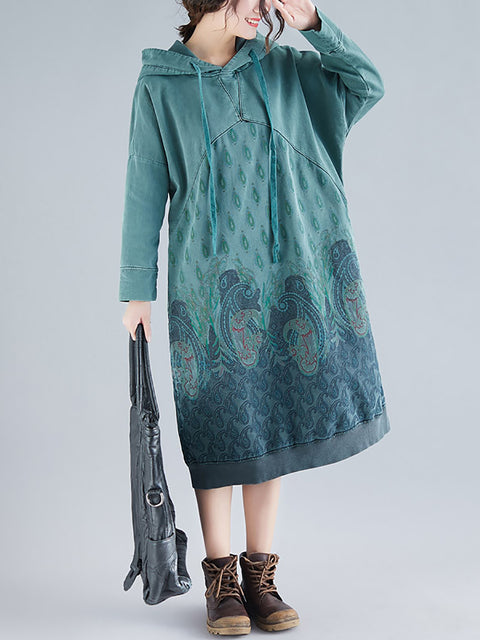 Women Ethnic Autumn Print Hooded Cotton Dress