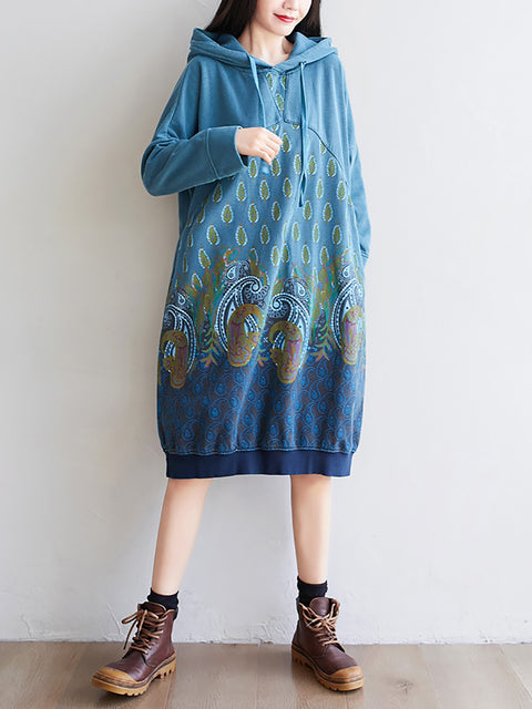 Women Ethnic Autumn Print Hooded Cotton Dress