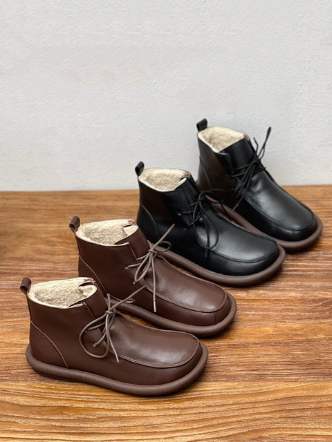 Botas femininas de inverno retrô de couro legítimo macio e baixo