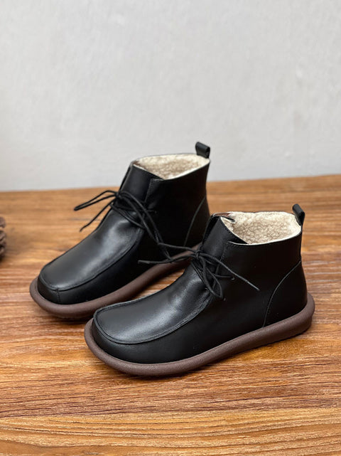 Botas femininas de inverno retrô de couro legítimo macio e baixo