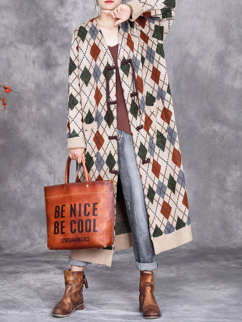 Women Autumn Artsy Rhomboids Knitted V-Neck Cardigan Coat