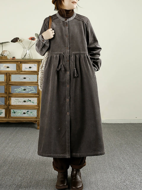 Women Vintage Autumn Corduroy Fleece-lined Strap Long Coat