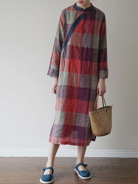 Women Vintage Autumn Plaid Slant Clouse Linen Robe Dress