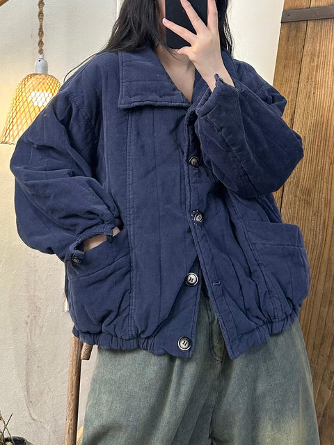 Women Vintage Autumn Cotton Blue Padded Coat