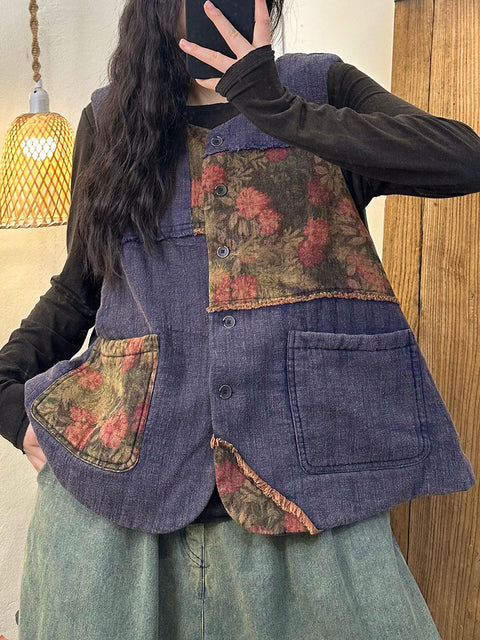 Colete feminino étnico de algodão patchwork com flores