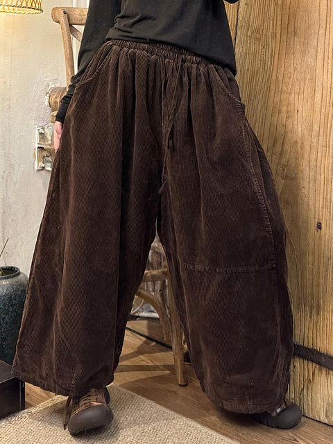 Women Autumn Vintage Solid Corduroy Wide Leg Pants