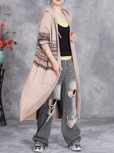 Women Autumn Artsy Knit Cardigan Hooded Sweater Coat