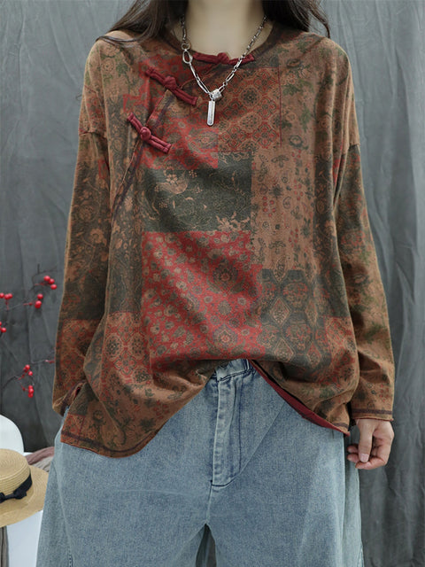 Women Autumn Vintage Flower Spliced O-Neck Sweatshirt