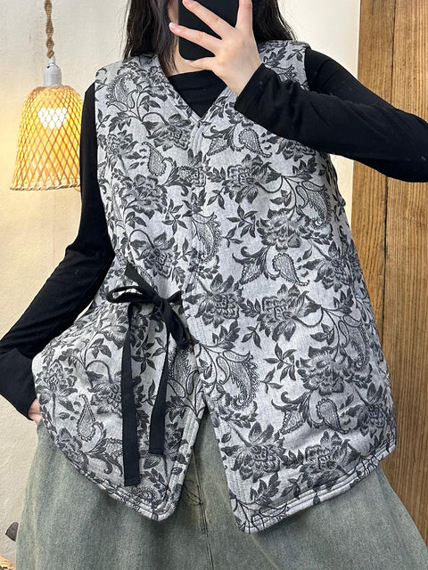 Women Retro Flower Jacquard V-Neck Strap Padded Vest