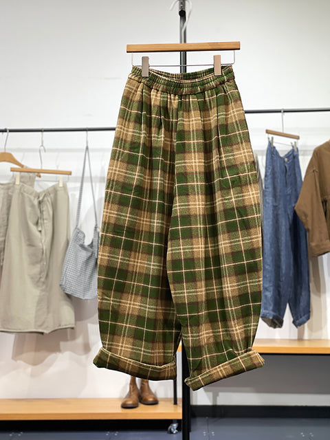 Women Autumn Retro Plaid Loose Wide-leg Pants