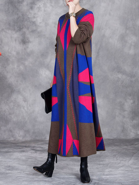 Women Autumn Artsy Colorblock Geometric Knit O-Neck Dress