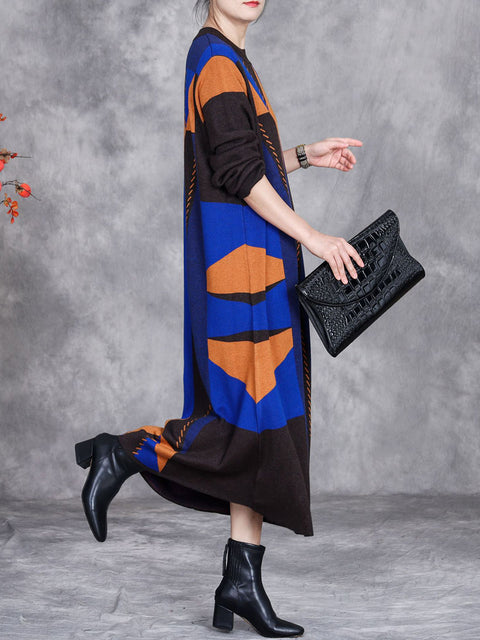 Women Autumn Artsy Colorblock Geometric Knit O-Neck Dress