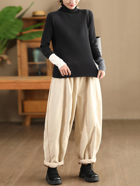 Women Winter Casual Solid Spliced Fleece-lined Harem Pants