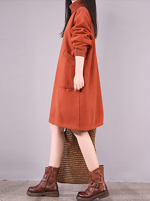 Women Winter Artsy Solid Fleecce-lined Turtleneck Cotton Dress