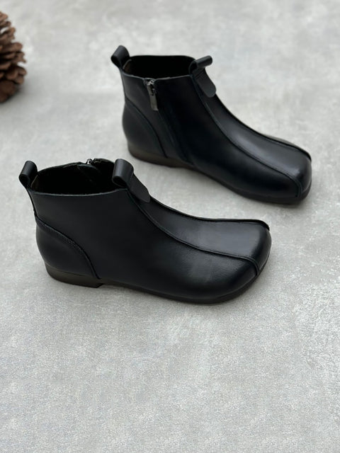 Women Casual Soft Leather Zipper Low Heel Boots