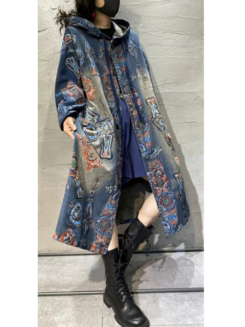 Women Autumn Vintage Flower Hooded Denim Long Coat