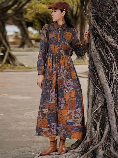 Vestido de linho com botões florais vintage de outono para mulheres