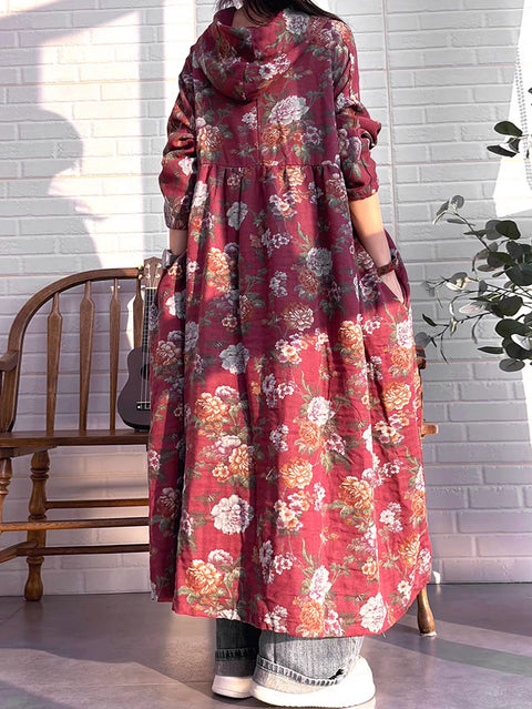 Vestido de linho com botões florais vintage de outono para mulheres