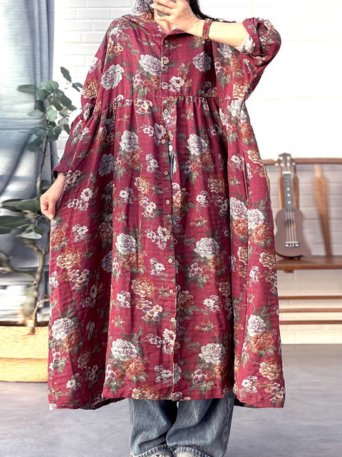 Vestido de linho com botões florais vintage de outono para mulheres