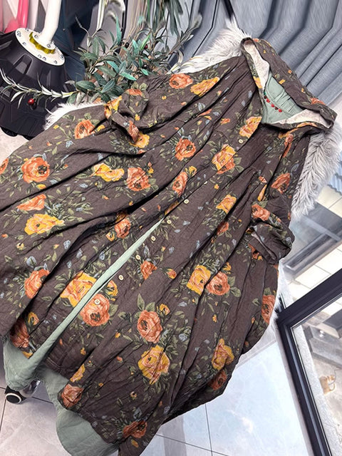 Vestido de linho com botões florais vintage de outono para mulheres