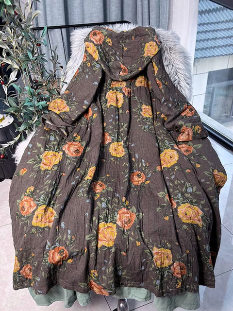 Vestido de linho com botões florais vintage de outono para mulheres