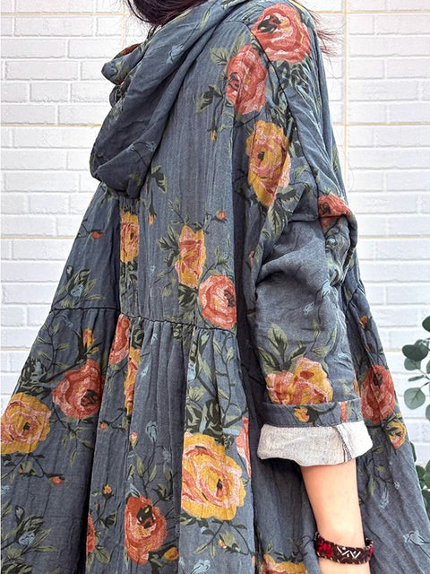 Vestido de linho com botões florais vintage de outono para mulheres