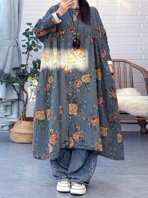 Vestido de linho com botões florais vintage de outono para mulheres