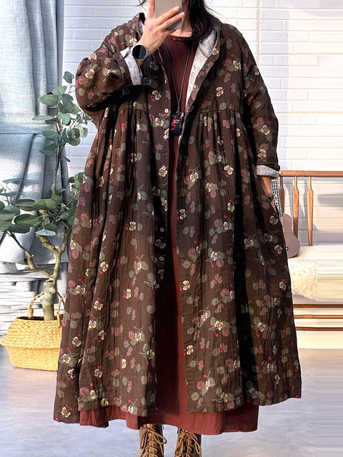 Women Retro Autumn Flower Hooded Loose 100%Cotton Dress