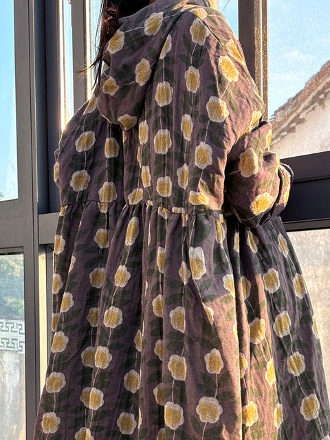 Vestido de linho com botões florais vintage de outono para mulheres