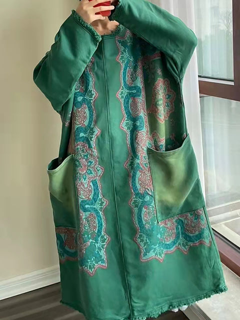 Vestido de linho com botões florais vintage de outono para mulheres