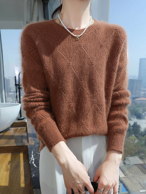 Women Autumn O-Neck Solid Rhomboids Wool Warm Knit Sweater