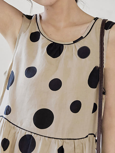 Plus Size Mulheres Verão Casual Dot Drawstring Linen Vest Dress