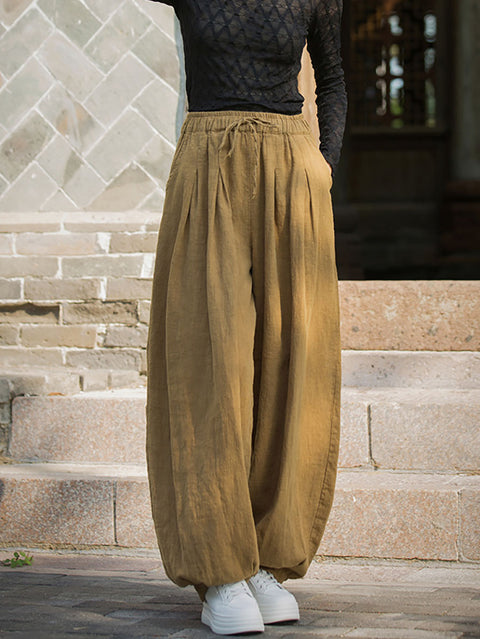 Women Autumn Vintage Solid Ramie Loose Bloomers