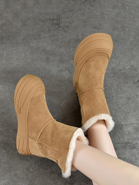 Women Winter Leather Spliced Fleece-lined Mid-Heel Snow Boots