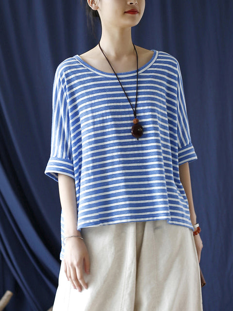 Women Summer Casual Stripe Loose O-Neck Shirt