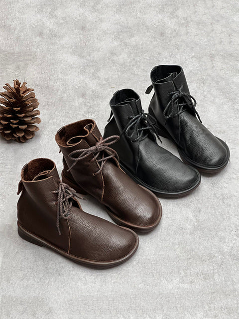 Botas femininas de inverno vintage couro Genuíno com cordão