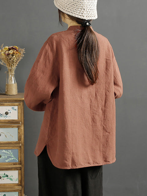 Plus Size Women Retro Spring Button O-Neck Linen Shirt