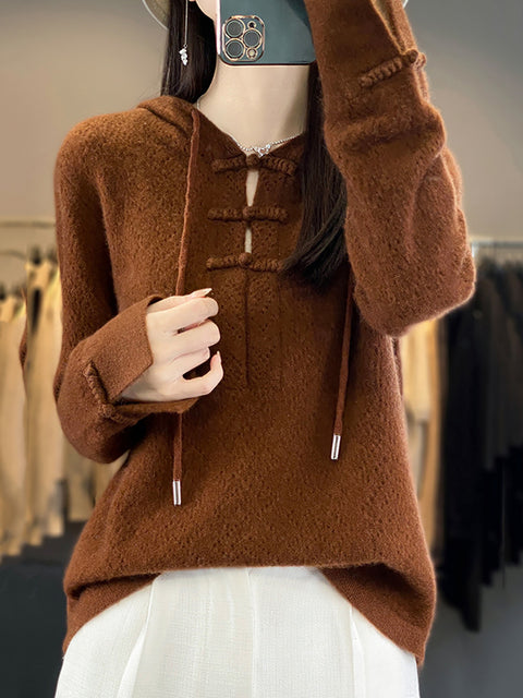 Women Autumn Soft Hollow Out Knit 100%Wool Hooded Sweater