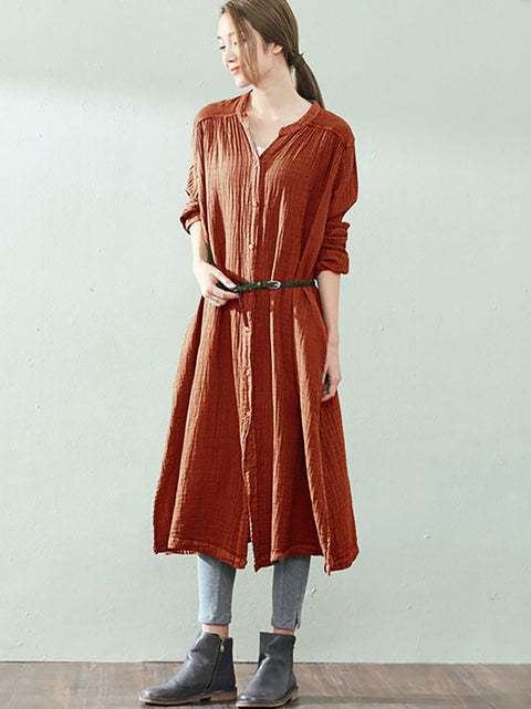 Plus Size Women Autumn Artsy Solid Button V-Neck Loose Dress