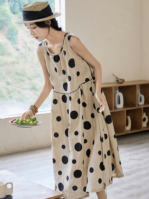 Plus Size Mulheres Verão Casual Dot Drawstring Linen Vest Dress