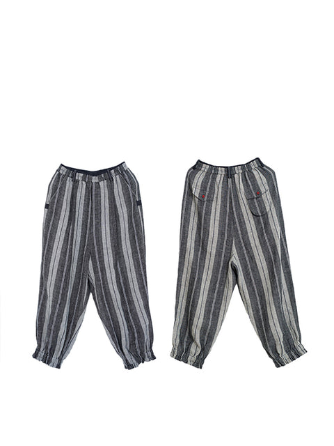 Plus Size Women Retro Stripe Yarn-dyed Pocket Linen Harem Pants