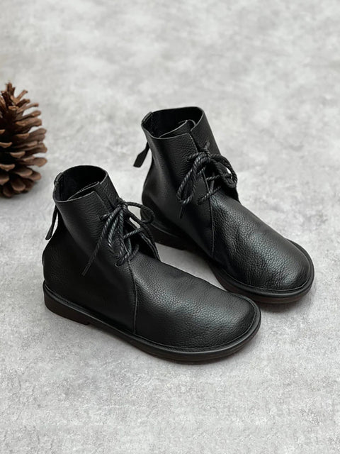 Botas femininas de inverno vintage couro Genuíno com cordão