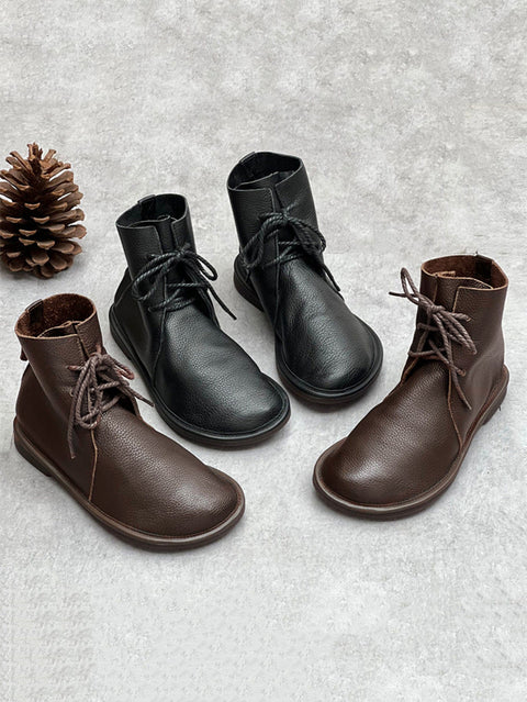 Botas femininas de inverno vintage couro Genuíno com cordão